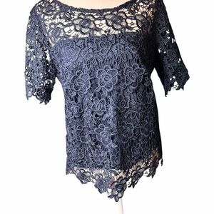 Nanette Lepore Navy Floral Lace Blouse